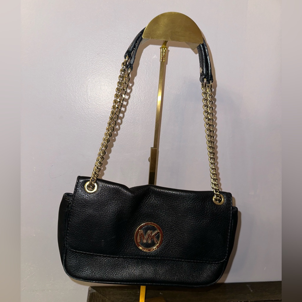 Michael Kors Fulton Flap Black Pebbled Small Leather Shoulder Bag Purse